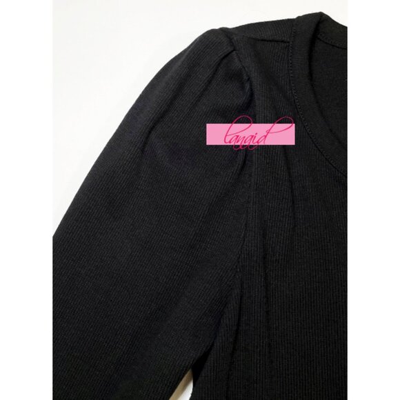 Chaser Black Hook & Eye V-Neck Ribbed Long Puff Sleeve Stretchy Edgy Gothic Top - Picture 4 of 7